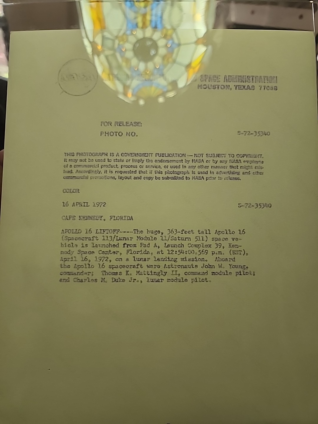 Official NASA Red Letter Photo Printing Error Launch Of Apollo 16.