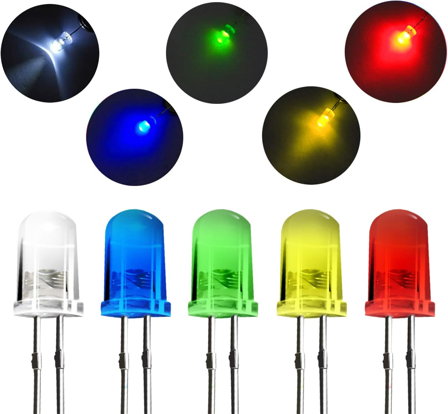 100 Pcs (5 Colors X 20Pcs) 5Mm White/Red/Yellow/Green/Blue LED Diode Lights - DC