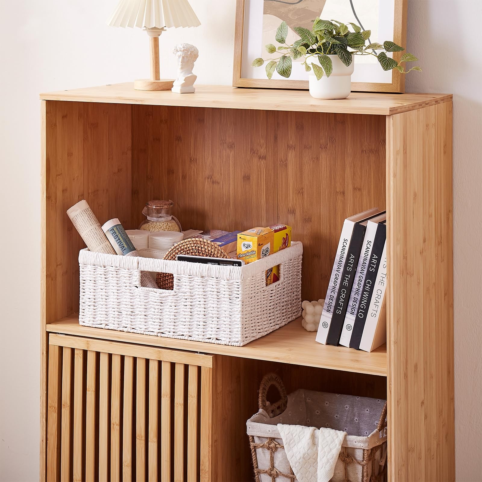 1 PCS White Rectangular Wicker Paper Shelf Basket Storage Bin BuiltIn Handle