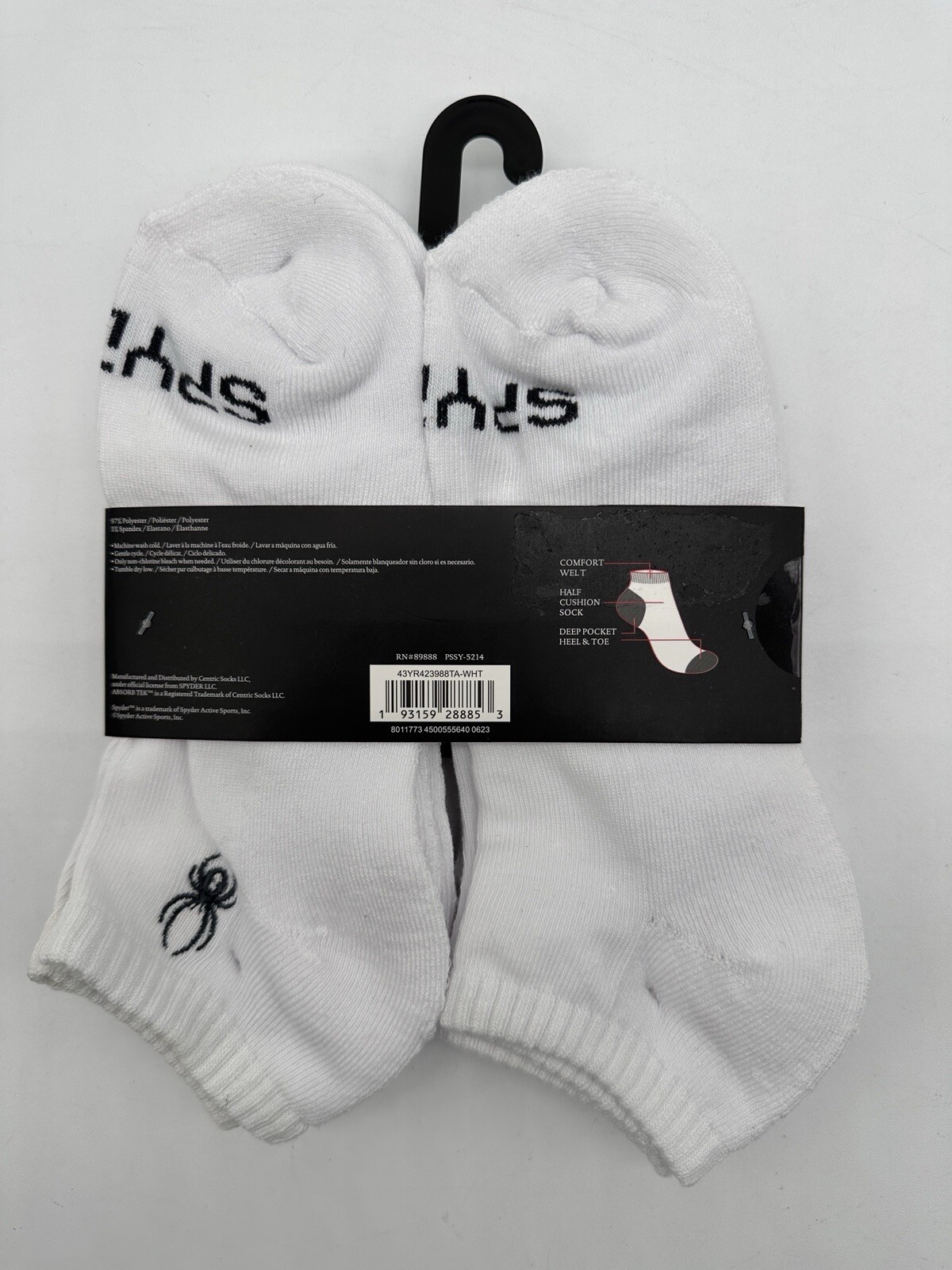 NEW 5 PAIR PACK MENS SPYDER HALF CUSHION LOW CUT SOCKS LARGE WHITE COMFORT WELT