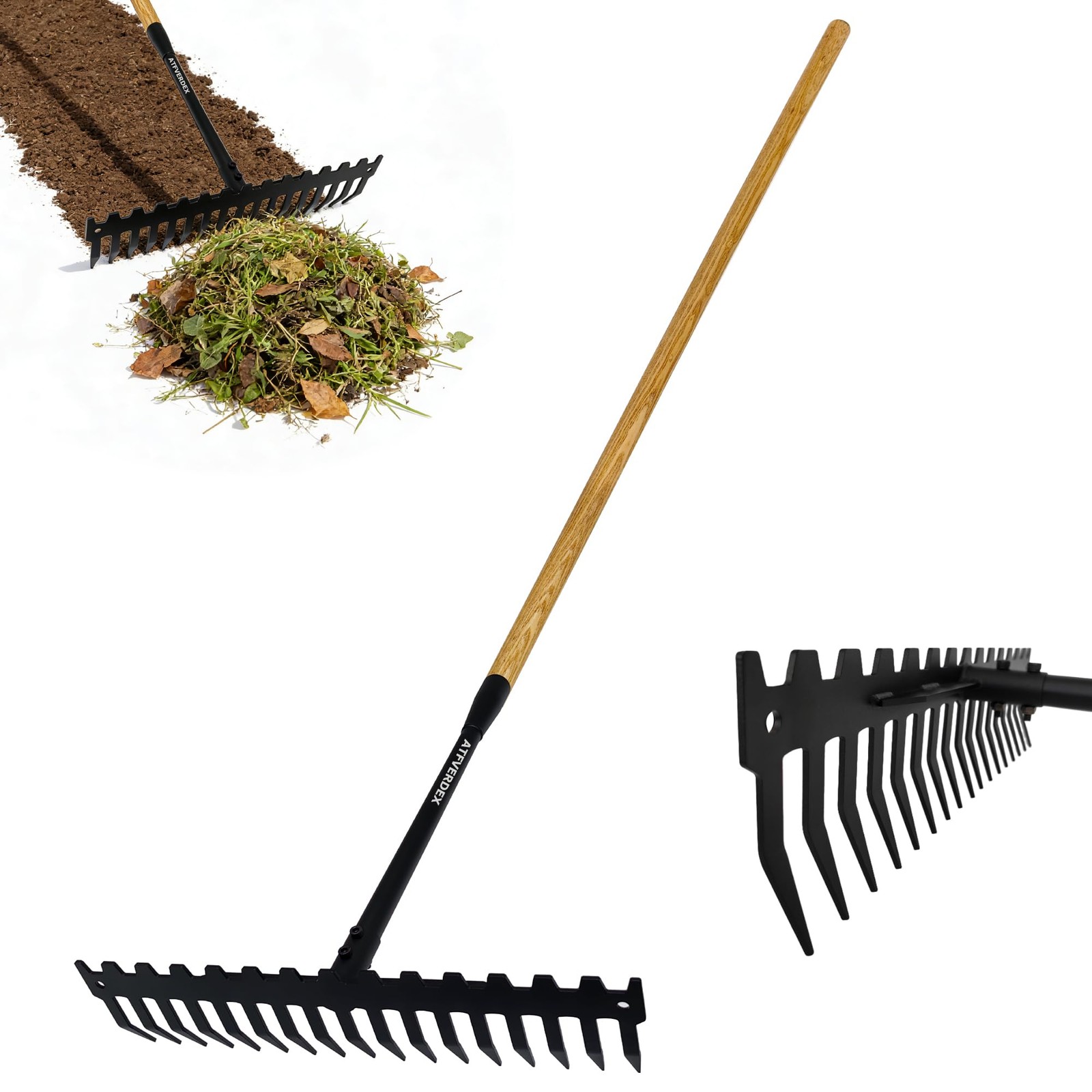Garden Rake,60" Wooden Handle with 17-Tine Metal Bow Rake,Rock Rake Heavy Duty