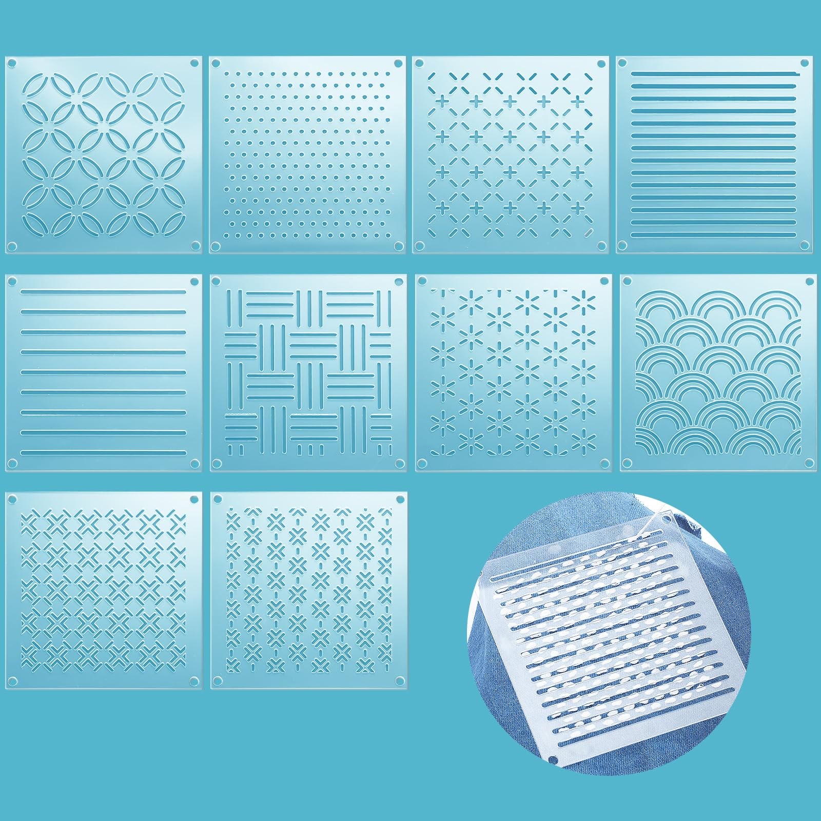 10 Sets Acrylic Sashiko Stencil 4.7 x 4.7 Inch Acrylic Embroidery Tool Sashik