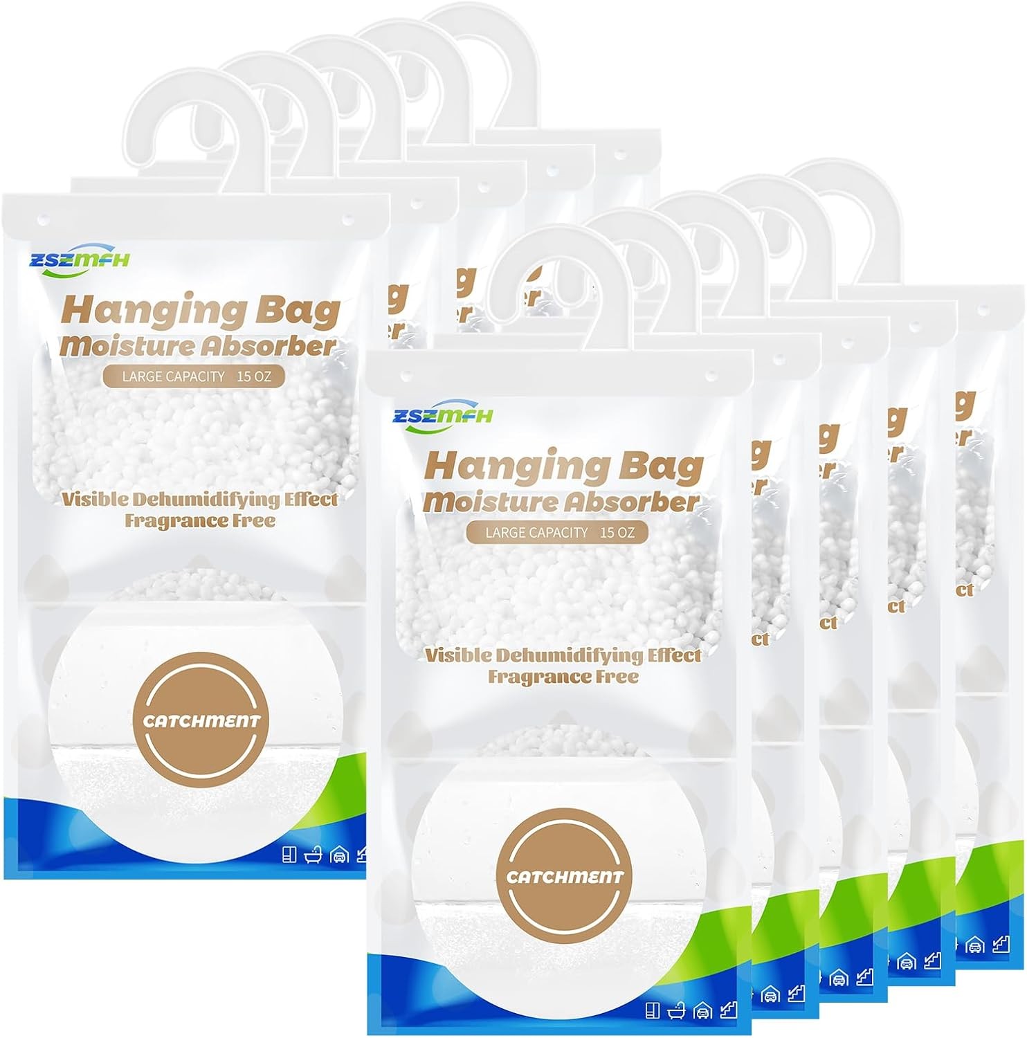 ZSZMFH 10 Pack Moisture Absorber Hanging Bags, Fragrance 425g-10pack, white