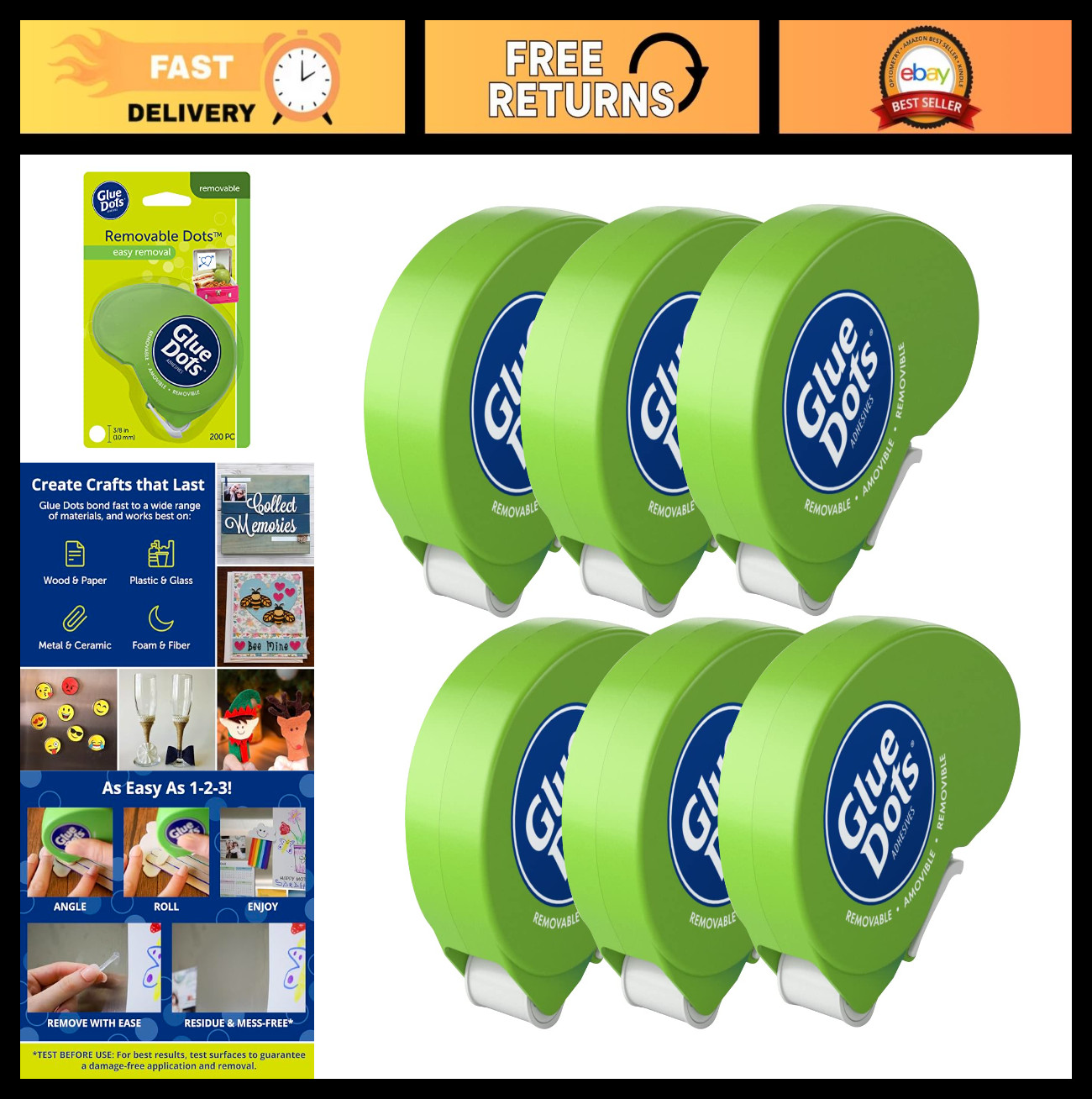 Removable Double-Sided Glue Dots Dispenser, 3/8" Adhesive Points, 1200 Dots, DIY