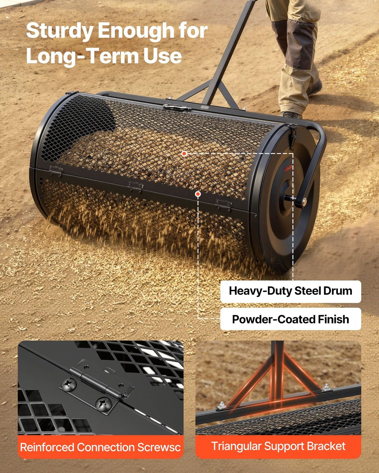 Peat Moss Spreader 36in, Steel Drum 4.1cu ft, Diamond Mesh, Push or Tow, Black