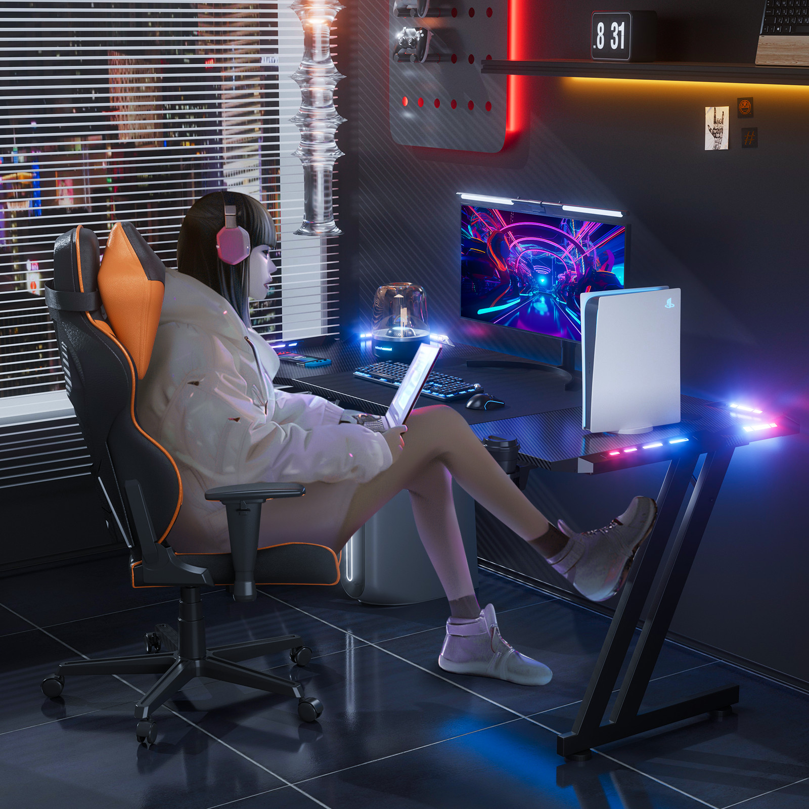 Gaming Desk with Headphone Hook & Cup Holder, LED Gaming Table, Computer Desk