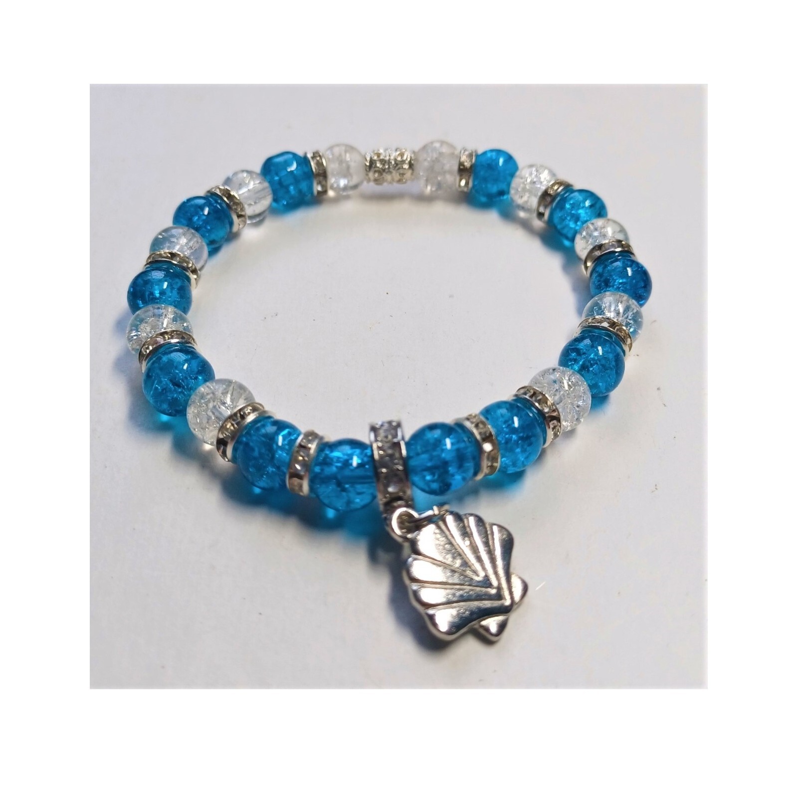 Blue And Clear Crackle Bracelet With Shell Charm