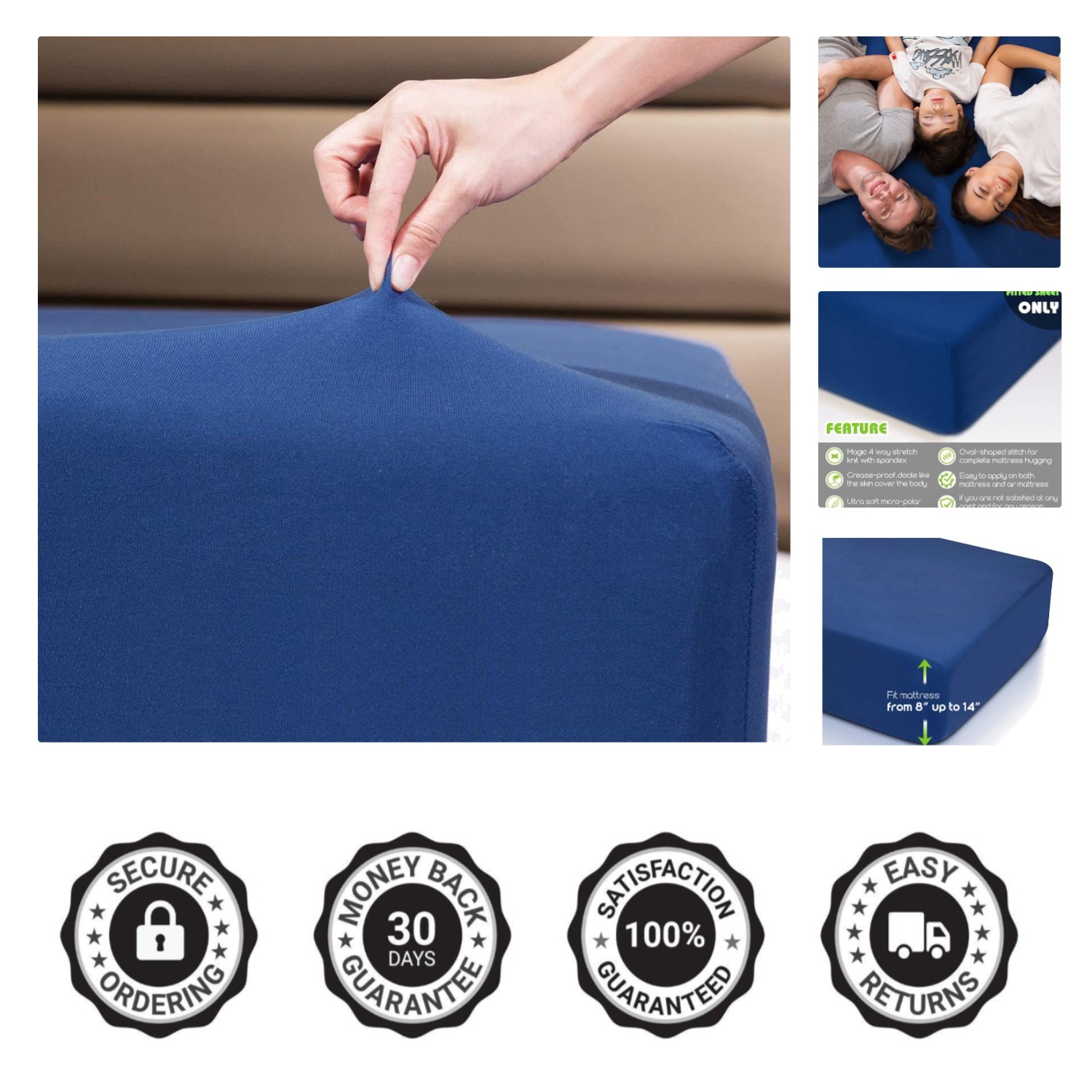 Luxury Queen Fitted Sheet in Navy | 4-Way Stretch, Wrinkle-Free, Deep Pockets