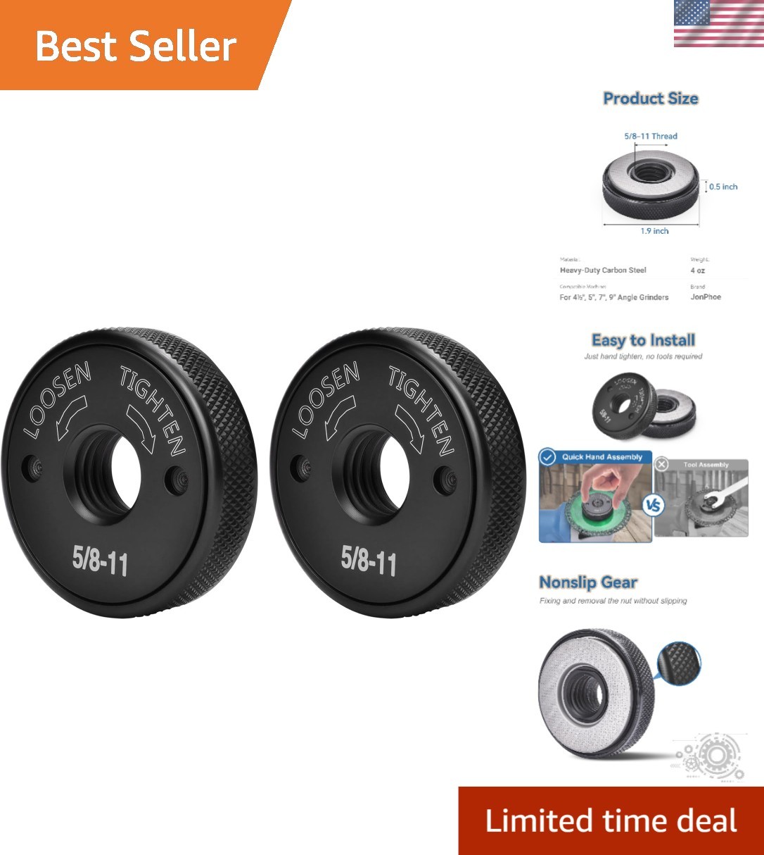 2-Piece Tool-Free Angle Grinder Flange Nut Set for 4.5" and 5" Grinders