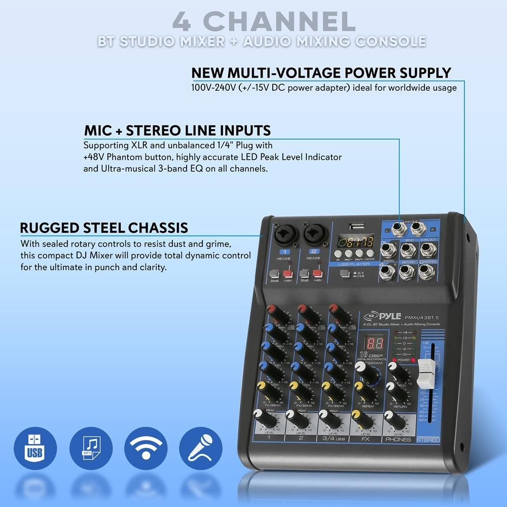 Pyle 4-Ch. Bluetooth Studio Mixer - DJ Controller Audio Mixing Console System