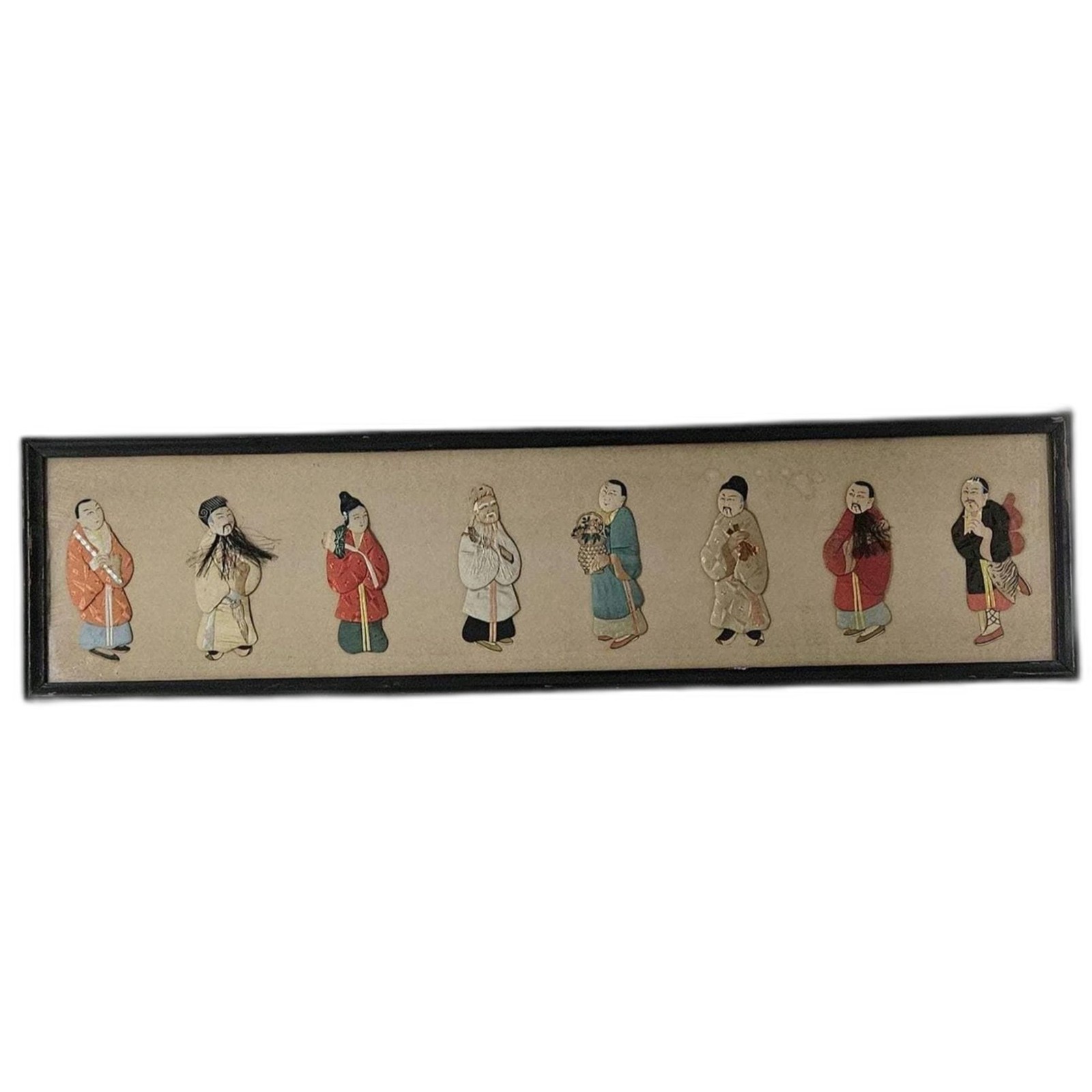 Vintage Framed Chinese Silk Embroidery Panel Featuring The Eight Immortals