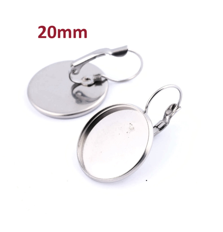 10pc Stainless Steel Earring Clips Settings Lever Back Bezels  - Silver - 20mm