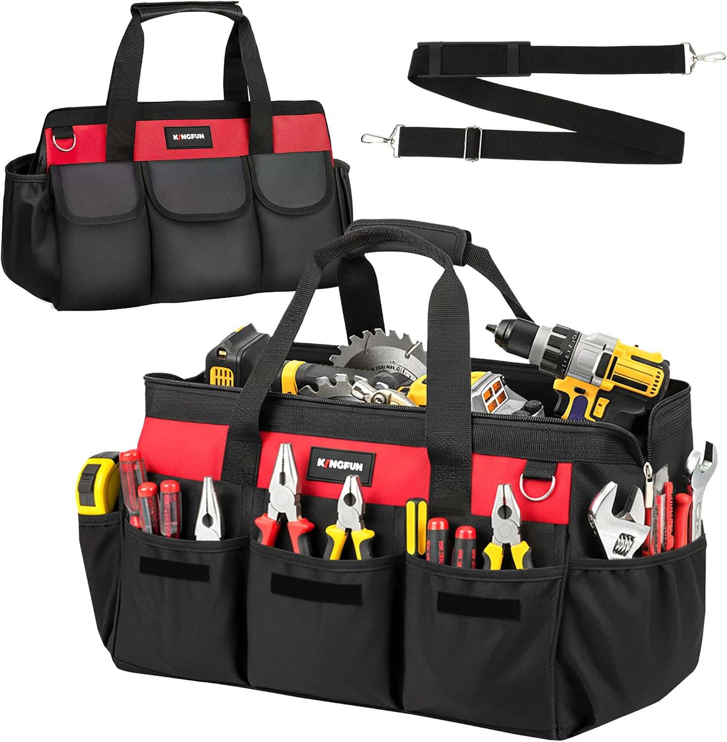 16 Inch Heavy Duty Wide Mouth Tool Bag with 14 Pockets | Adjustable Shoulder Str