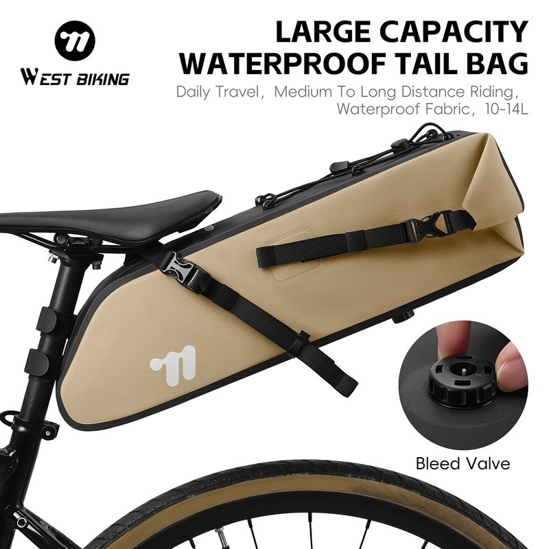 WEST BIKING Full Waterproof Bike Saddle Bag Cycling Seat Tail Bag Khaki 10-14L
