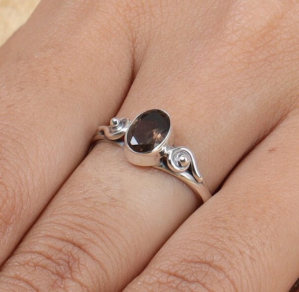 Solid 925Sterling Silver Natural Smoky Quartz Oval Brown Gemstone Boho Band Ring
