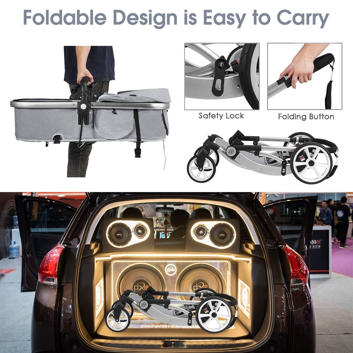Convertible Baby Stroller with Adjustable Canopy & Storage - Gray