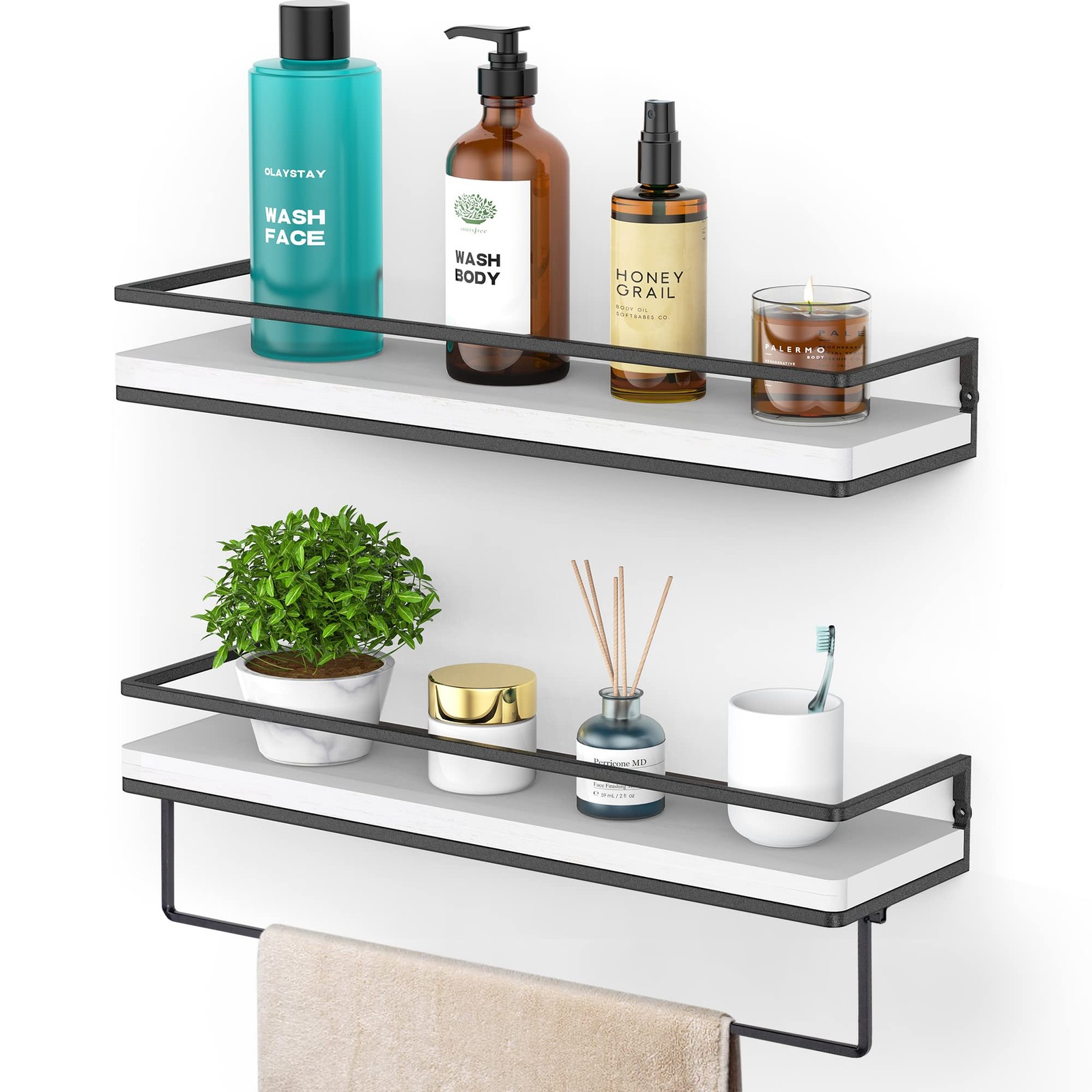 Floating Shelves Wall Mounted Set of 2 Wall Shelf with Towel Bar Rustic Wood ...