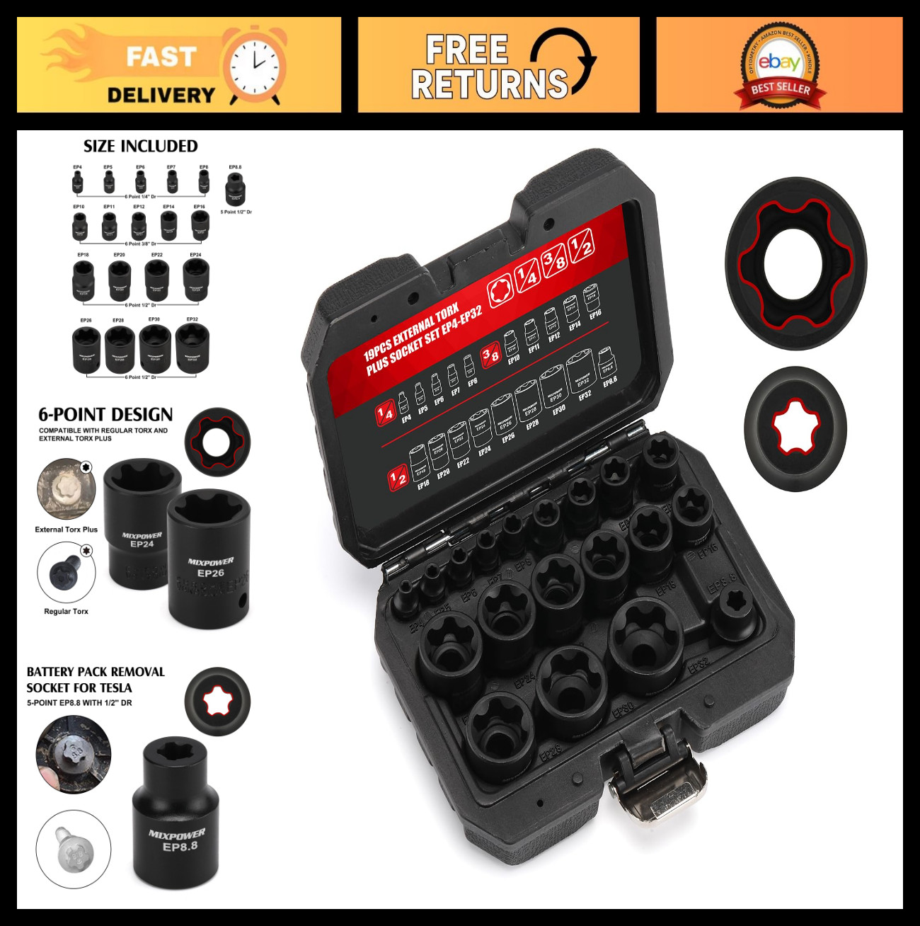 19PC External Torx Plus Socket Set, 6 Point EP Sockets for Tesla EP4-EP32, 1/2''