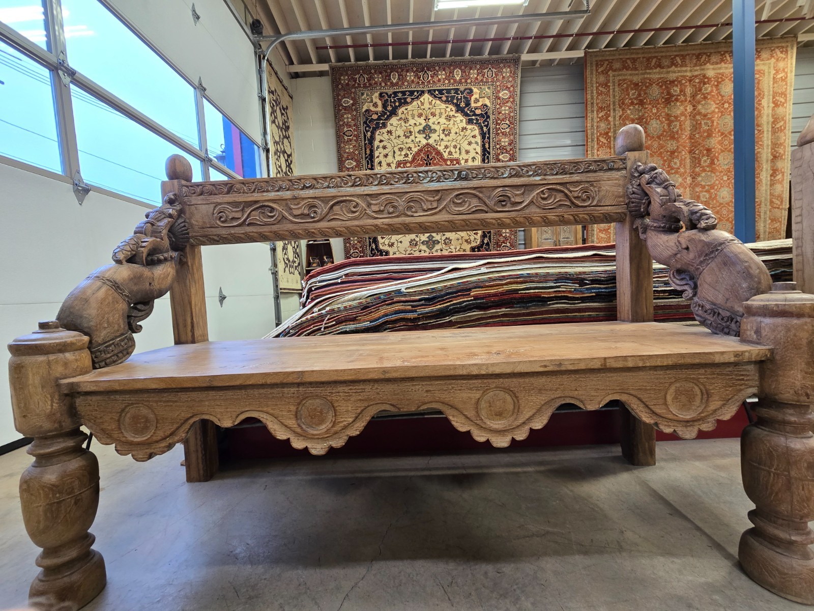 Reclaimed solid wood bench with floral carving design