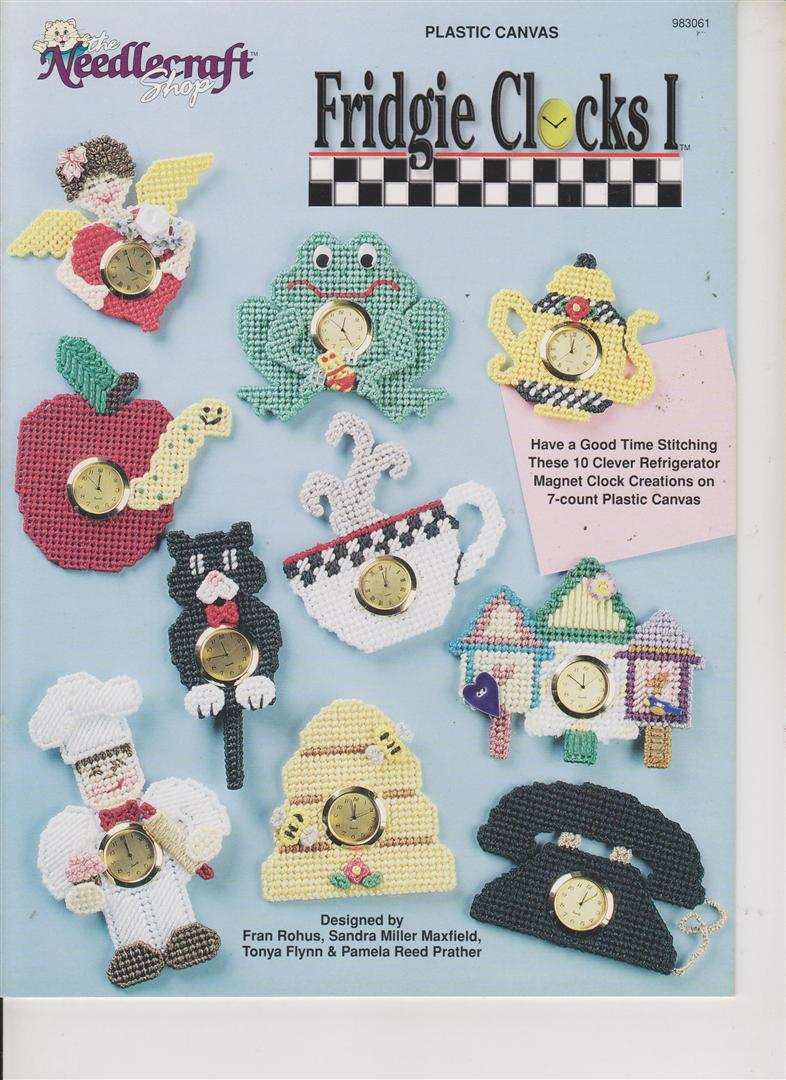 NEW PLASTIC CANVAS FRIDGIE CLOCKS i  10 CUTE MAGNET DESIGNS