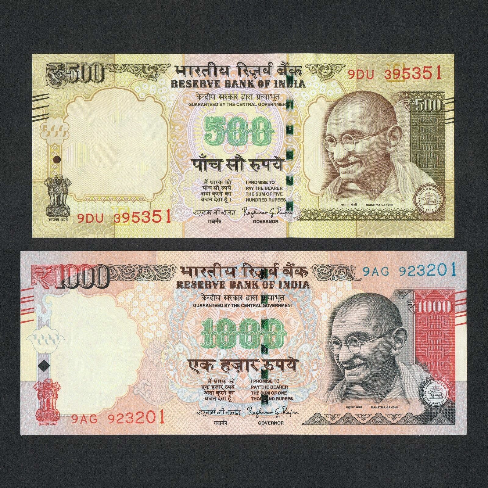 INDIA (SET OF 2) 500 + 1000 RUPEES, OLD ISSUE BANKNOTE, UNC