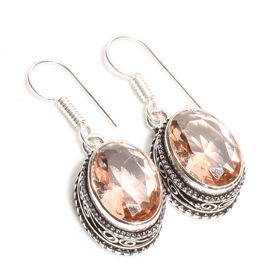 Peach Morganite Gemstone Handmade 925 Sterling Silver Jewelry Earring Sz 1.50"