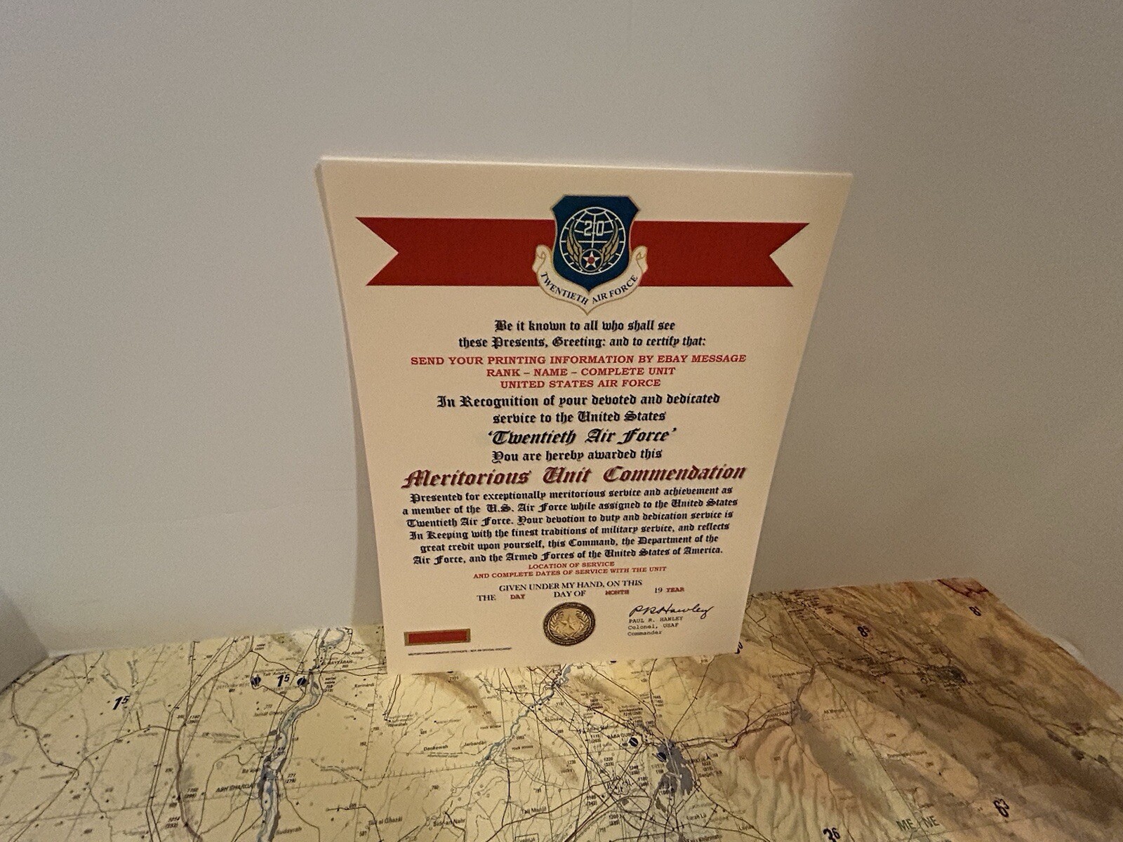 U.S. AIR FORCE / 20TH AIR FORCE - MERITORIOUS UNIT COMMENDATION CERTIFICATE