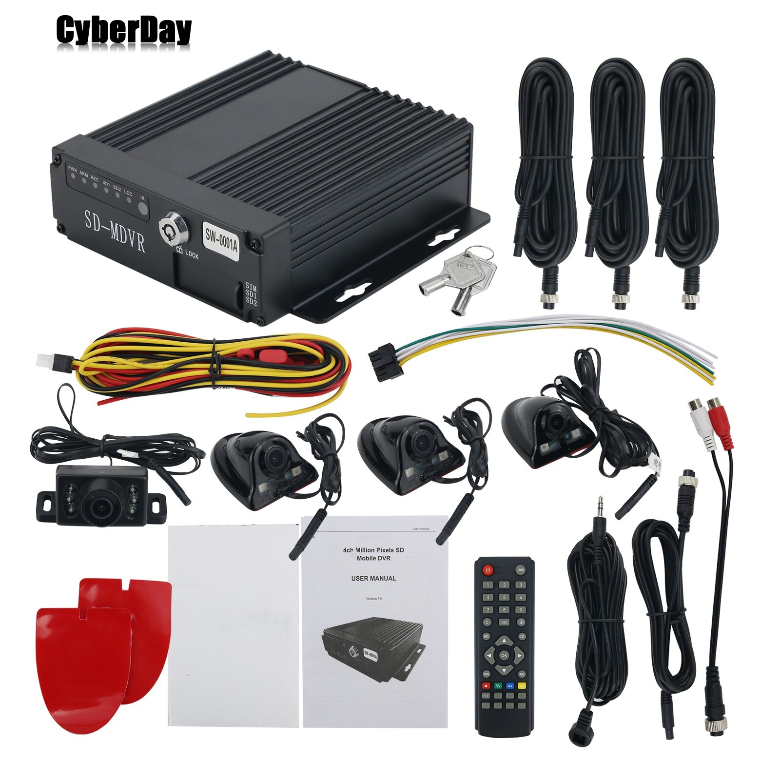 4CH Vehicle Car Mobile DVR Security Video Recorder SD +4 CCD Camera Cable Remote