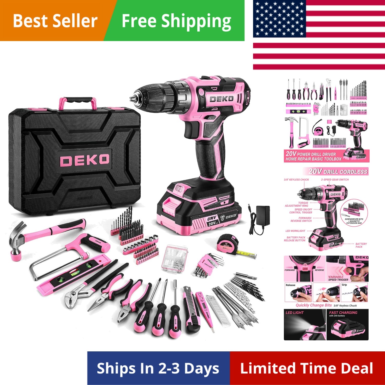Pink Power Drill Tool Kit Set: 20V Cordless Electric Drill, Driver, Tool Box ...