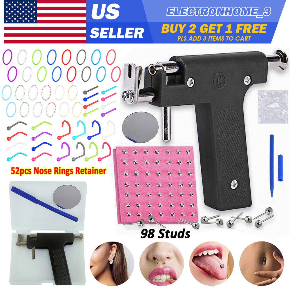 24-208Pcs Piercing Gun Tool Kit Body Ear Nose Navel Lips Tongue Studs Piercer US