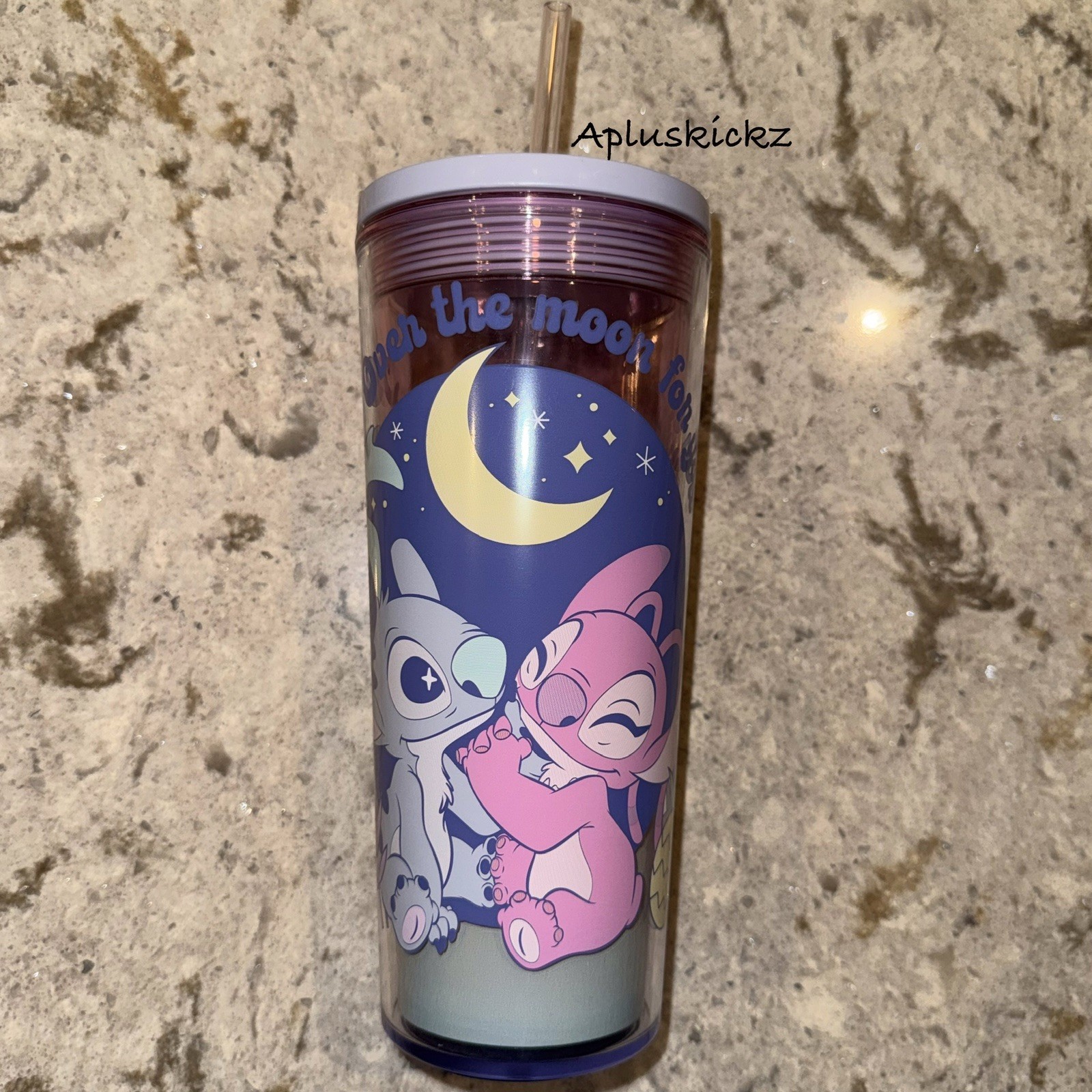 Disney Parks Stitch & Angel Tumbler “Over The Moon For You” New! BUBBLE WRAPPED!