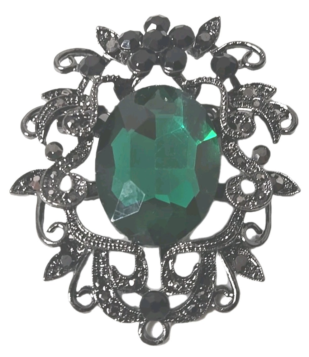 Victorian Revival Emerald Faceted Filligree Marcacite Black Stones Brooch Gothic