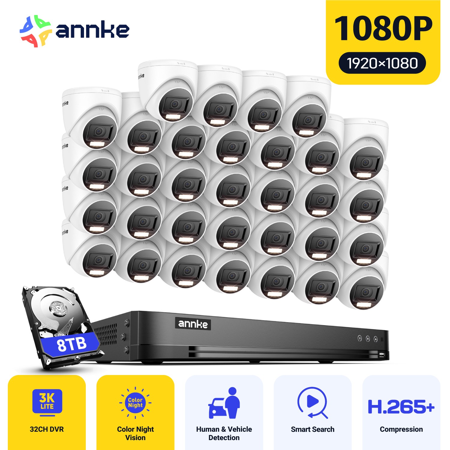 ANNKE 5in1 32CH DVR 1080P Security Camera System Outdoor H.265+ Color Night AI
