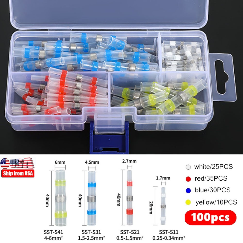 100X 4 Size Car Solder Seal Heat Shrink Butt Wire Connectors Terminals Universal