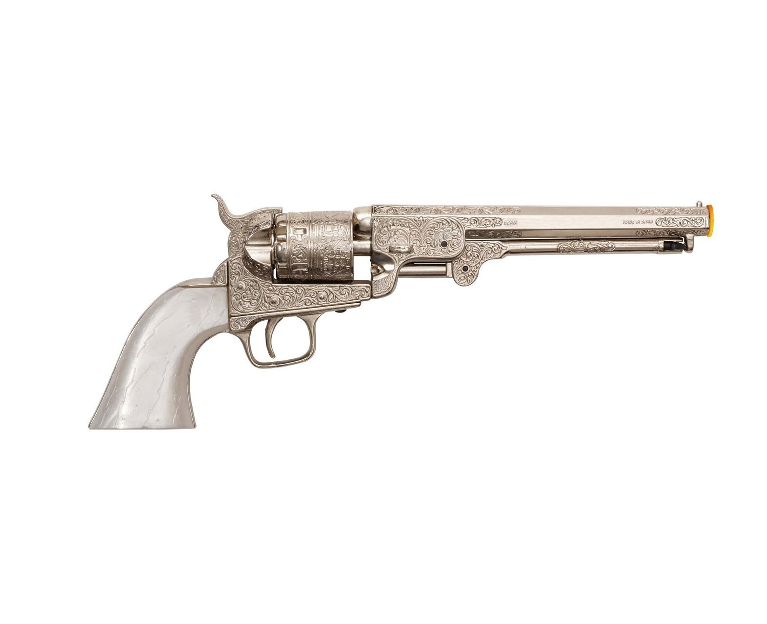 Denix Civil War Era M1851 Engraved Nonfiring Silver Revolver w. Faux Pearl Grips
