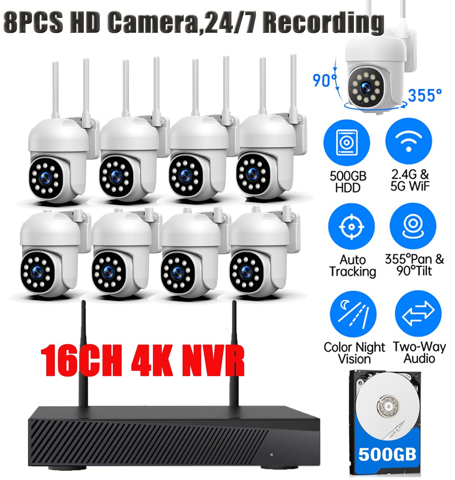 8CH 4K PTZ Outdoor Security Camera System Wireless WiFi NVR Motion Detect Audio