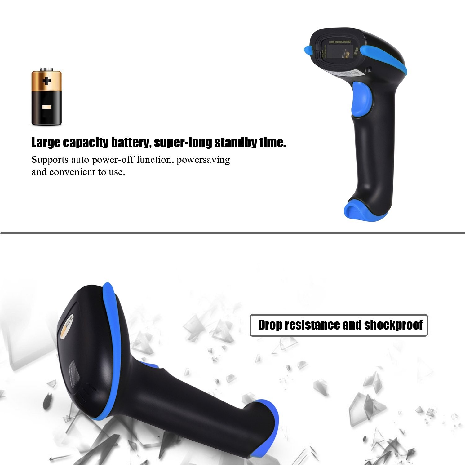 Blue 2.4G Wireless 1D Barcode Scanner Handheld Cordless Reader 100ft Range