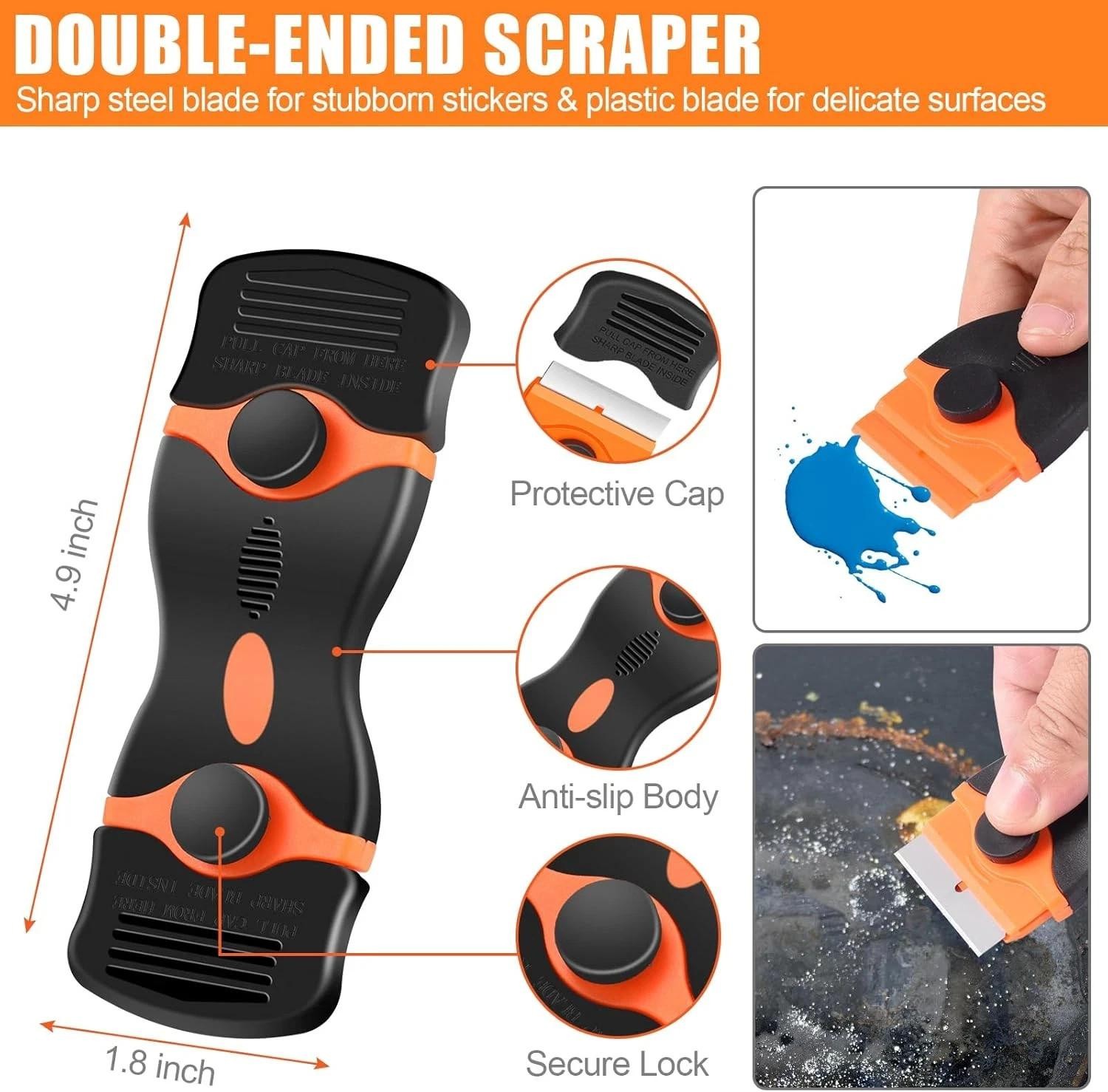 4 Pack Razor Blade Scraper, Premium Cleaning Scraper Tool with 50 Pcs Metal & Pl