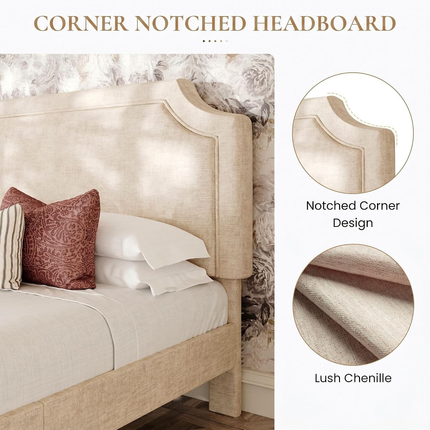 Chenille Queen Size Bed Frame with Belgrave Headboard Beige | Platform Bed with