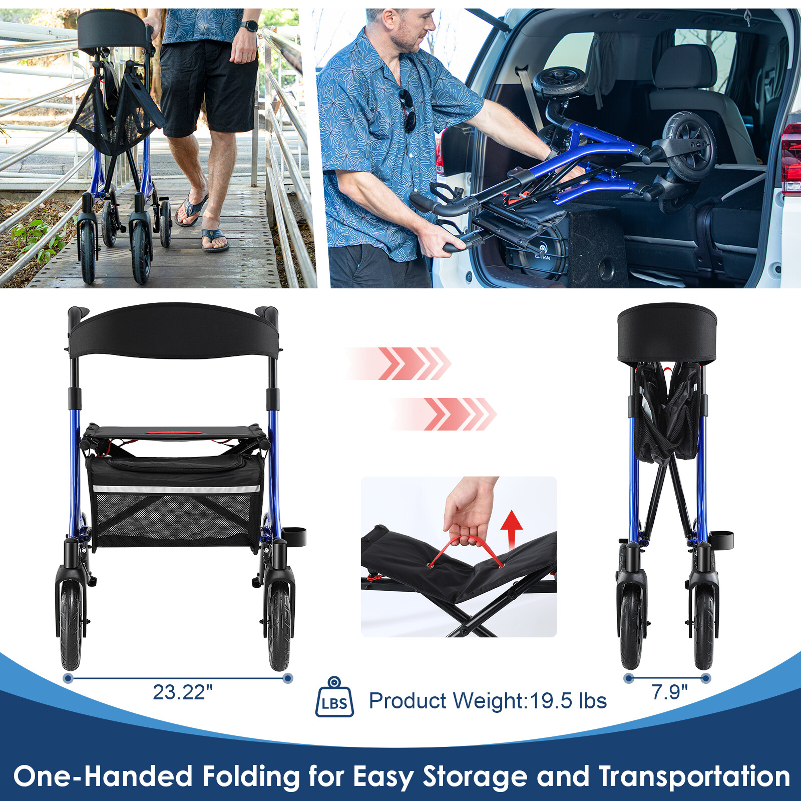12"+10" Rubber Wheels All-Terrain Rollator Walker with Seat Foldable Adjustable