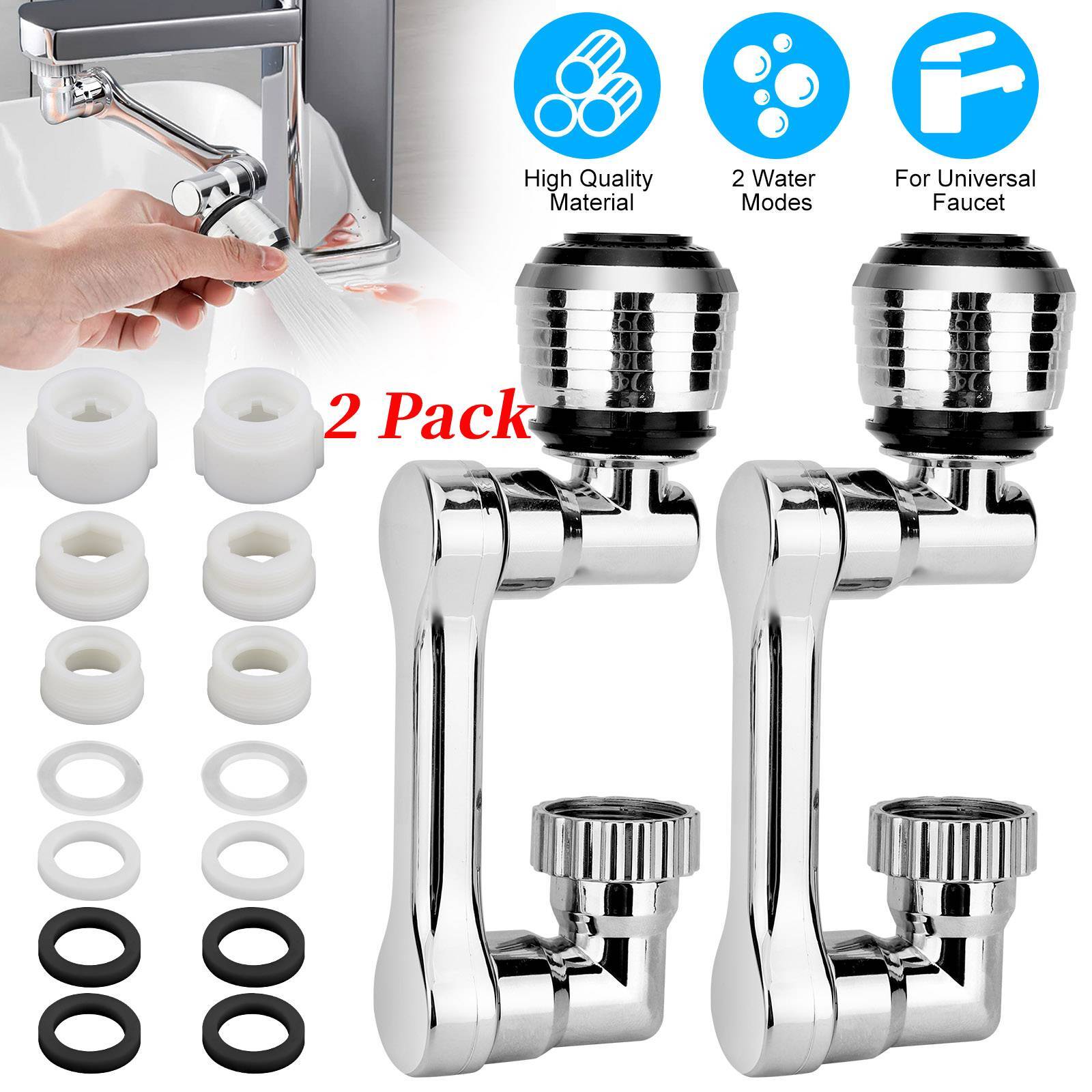 2 Pack Universal 1080° Swivel Robotic Arm Swivel Extension ABS Faucet Aerator