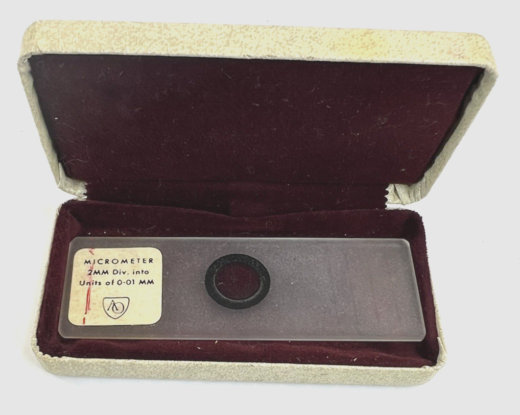VINTAGE - AO Stage Micrometer 2mm Divisions Into Units Of 0.01 mm Metric In Case