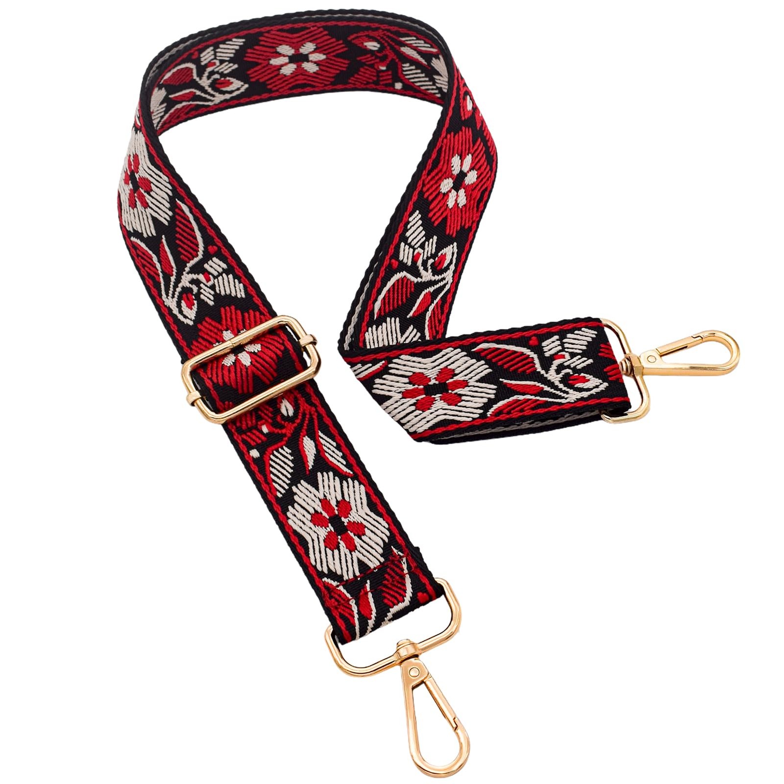 Width: 1.5 inches (3.8cm), Length: 28"~50" (65-130cm), Red Floral-gold Metal