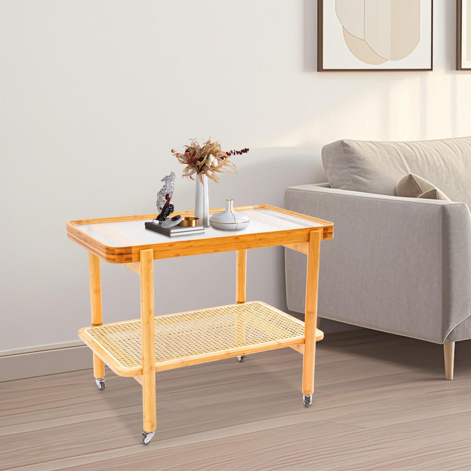 Tempered Glass, Resin, Bamboo Coffee Table with Wheels, 2 Shelves Sofa Table