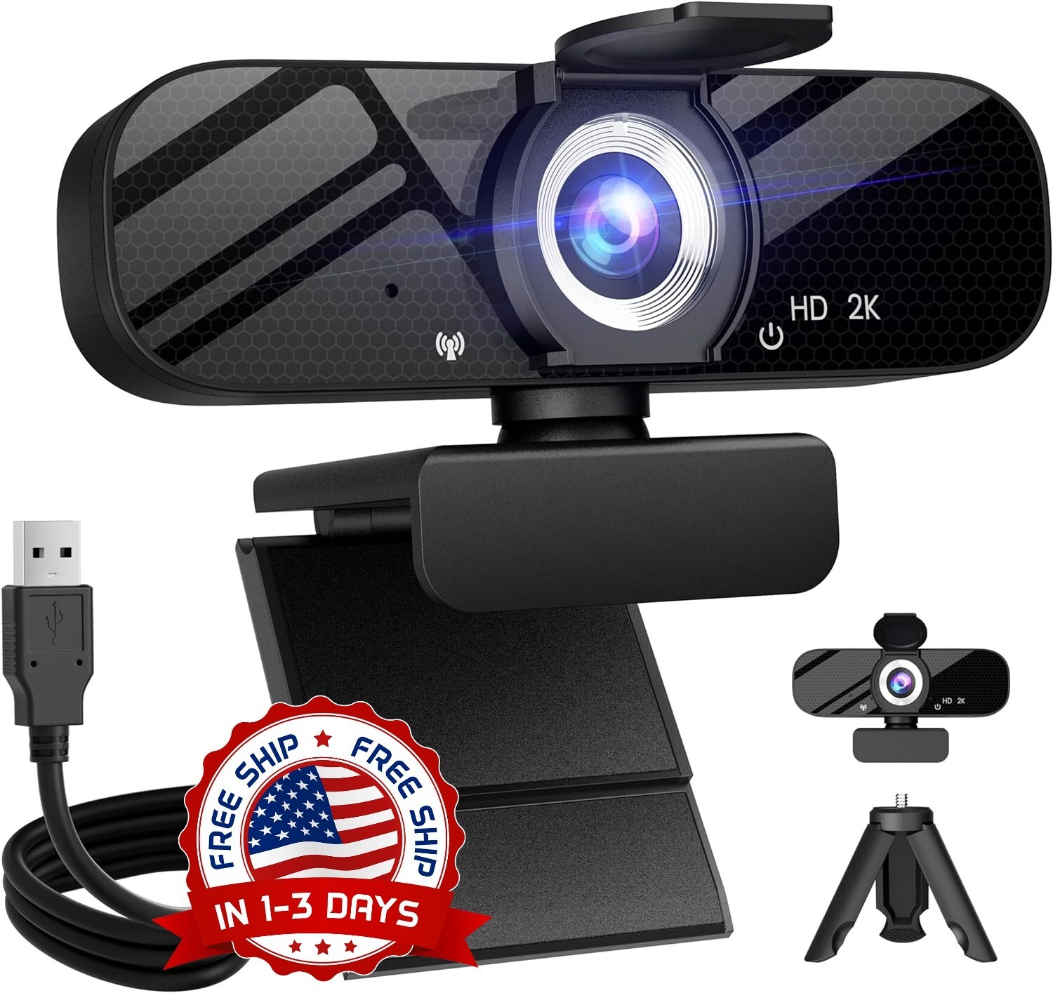 Cámara web 2K HD para PC con micrófono y cámara web con Trípode giratorio NEW US