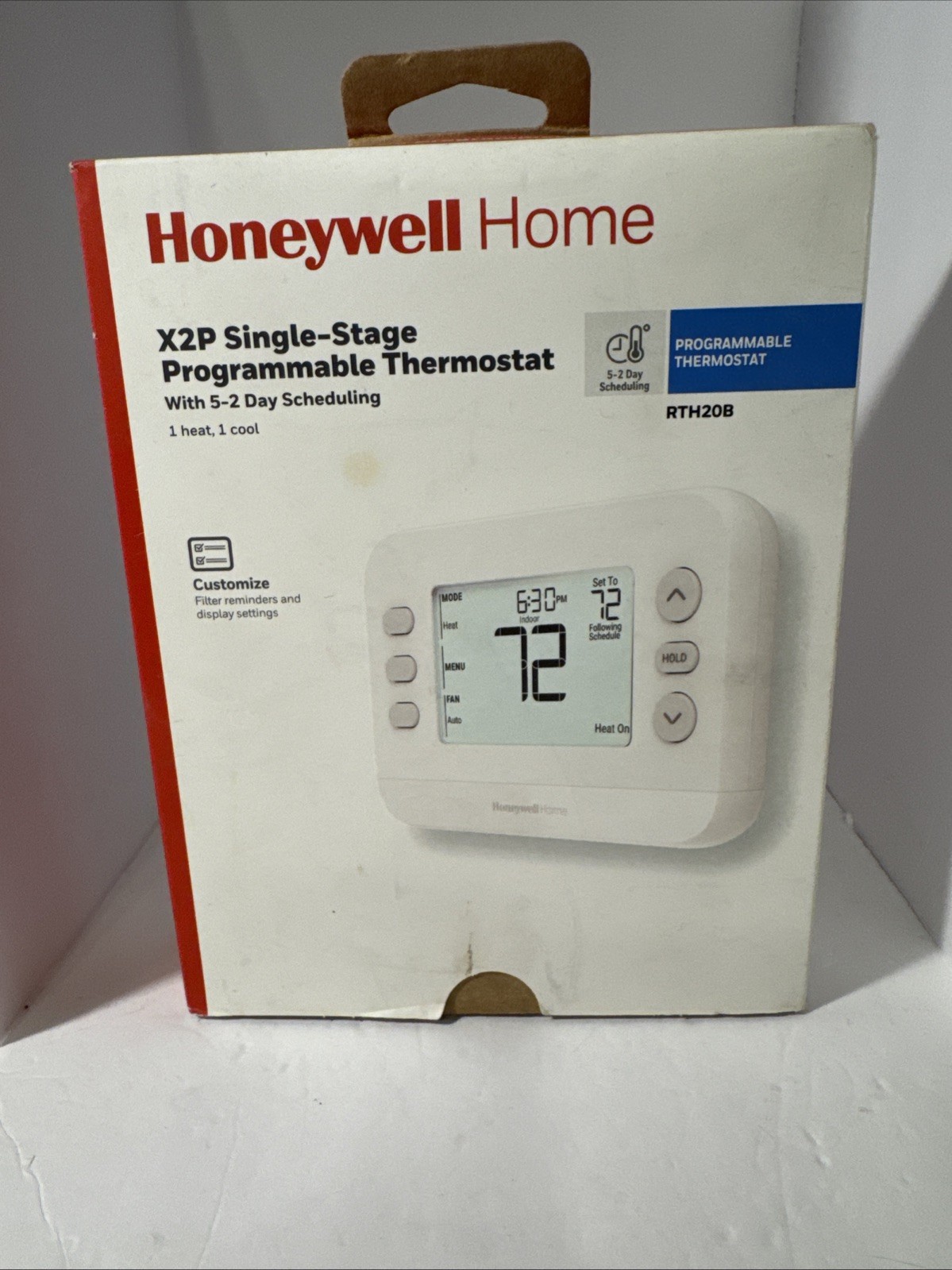 HoneywellX2P Programmable Thermostat, Single-Stage, 1-Heat/1-Cool, 5-2 Day Sched
