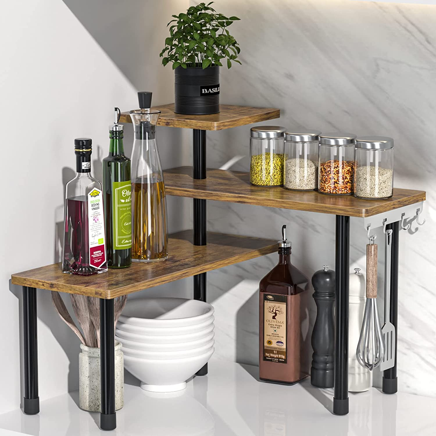 Kitchen Countertop Organizer 3-Tier Corner Shelf, Rustic Brown | Space-Saving Co
