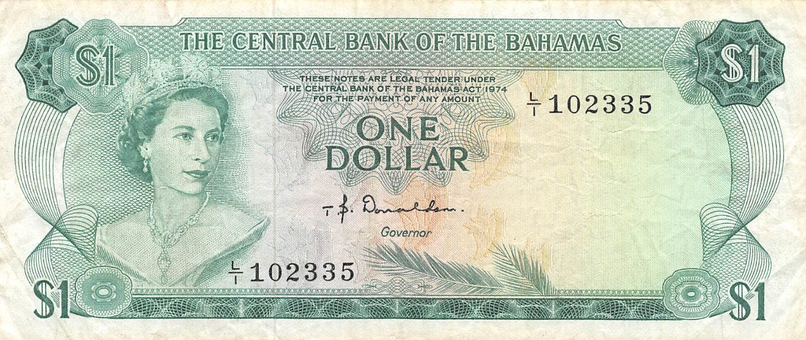 Bahamas  $1   Act. 1974   Series  L/1  Que. II  Circulated Banknote CCA
