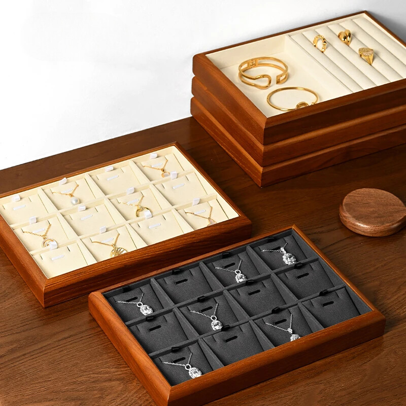 Wooden Jewelry Display Tray Ring Necklace Bracelet Earrings Storage Organizer