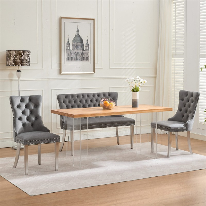 2-Seat Tufted Bench Velvet Upholstered Dining Seating w/Wing Back & Silver Legs